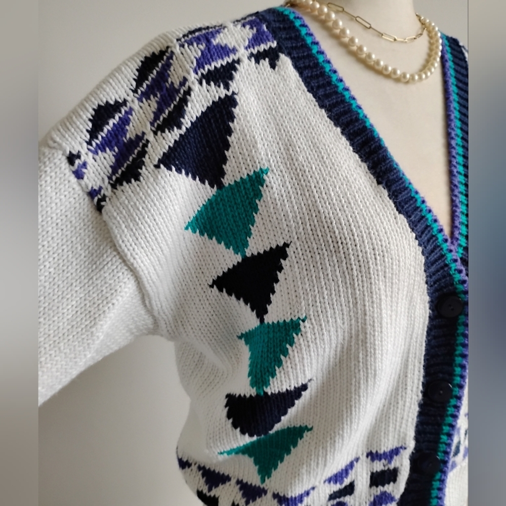 Extra Brand Vintage 80s Chunky Knit Southwestern Design Cropped Cardigan Medium - Picture 6 of 15